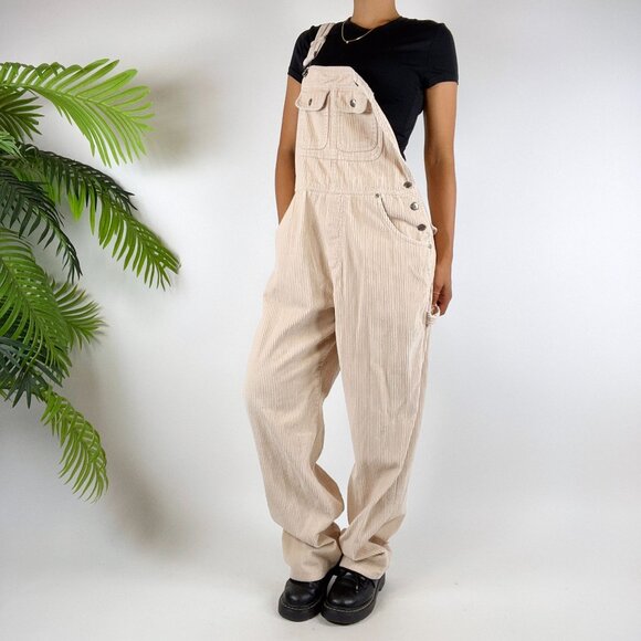 Vintage 90s Cream Indie Cottagecore Granola Girl Corduroy Cargo Overalls / Sz: M - Picture 7 of 8